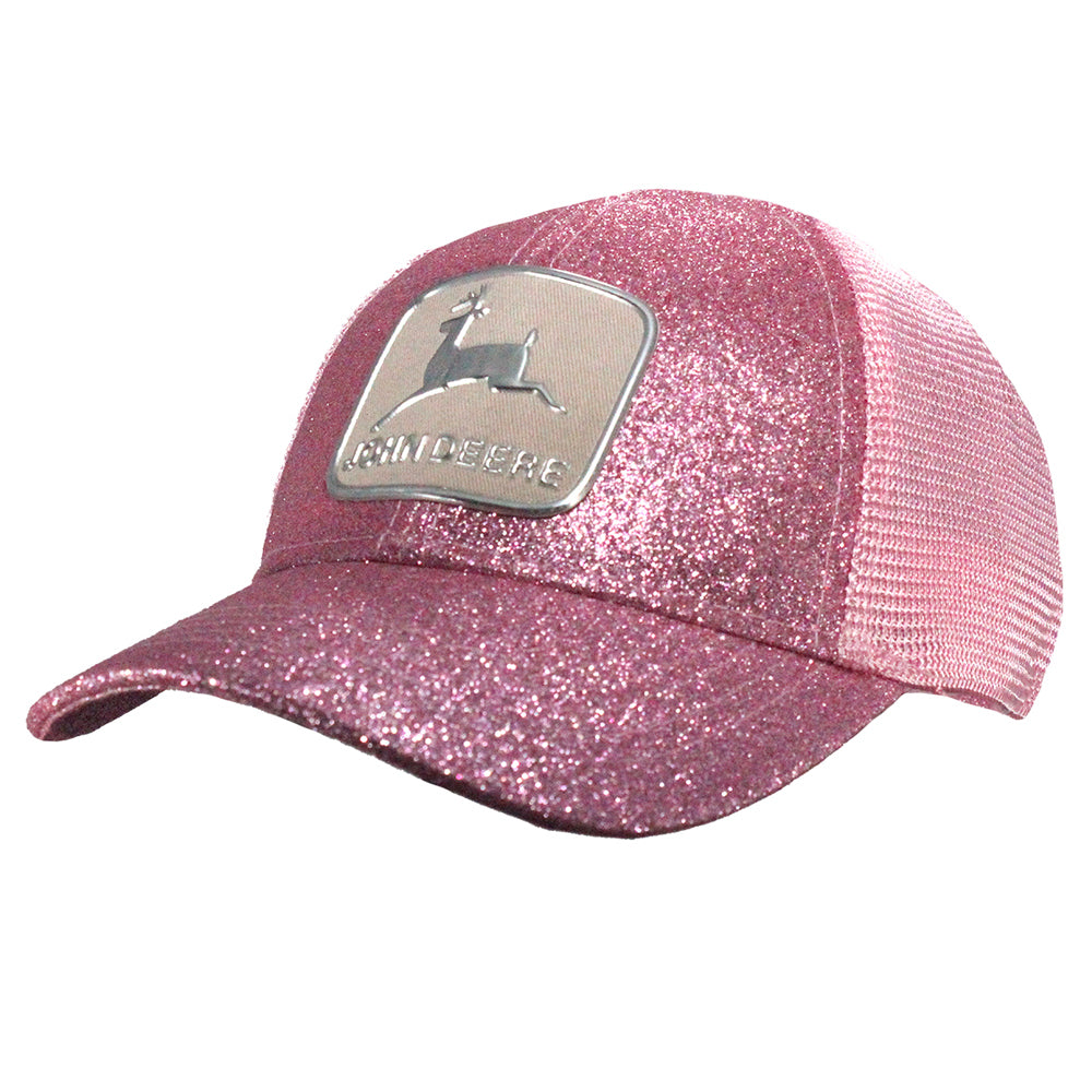 John Deere Vintage Logo Patch Glitter Mesh Trucker Cap-Pink