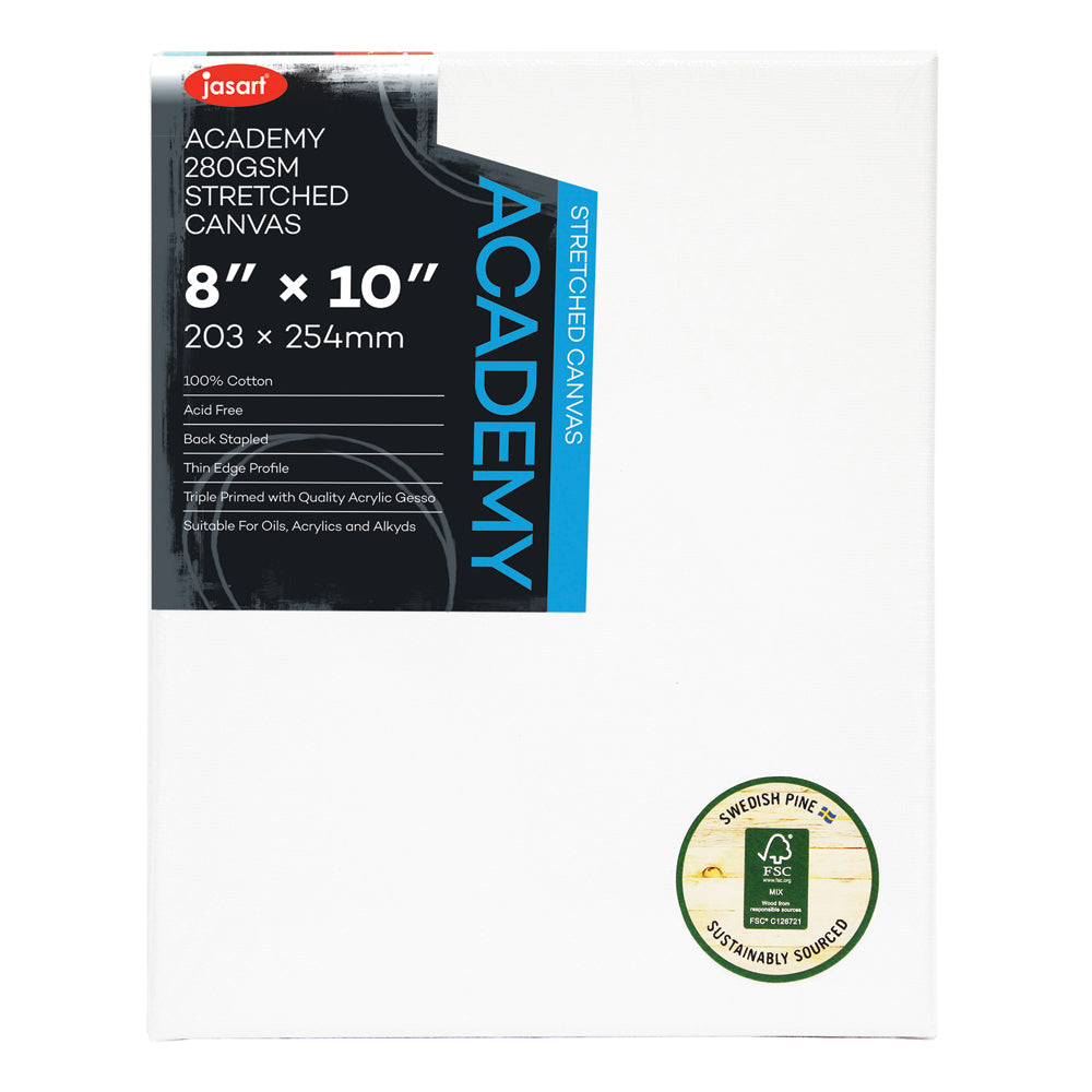8PK Jasart Academy 8x10" Thin Edge Cotton Stretched Canvas 280GSM - White