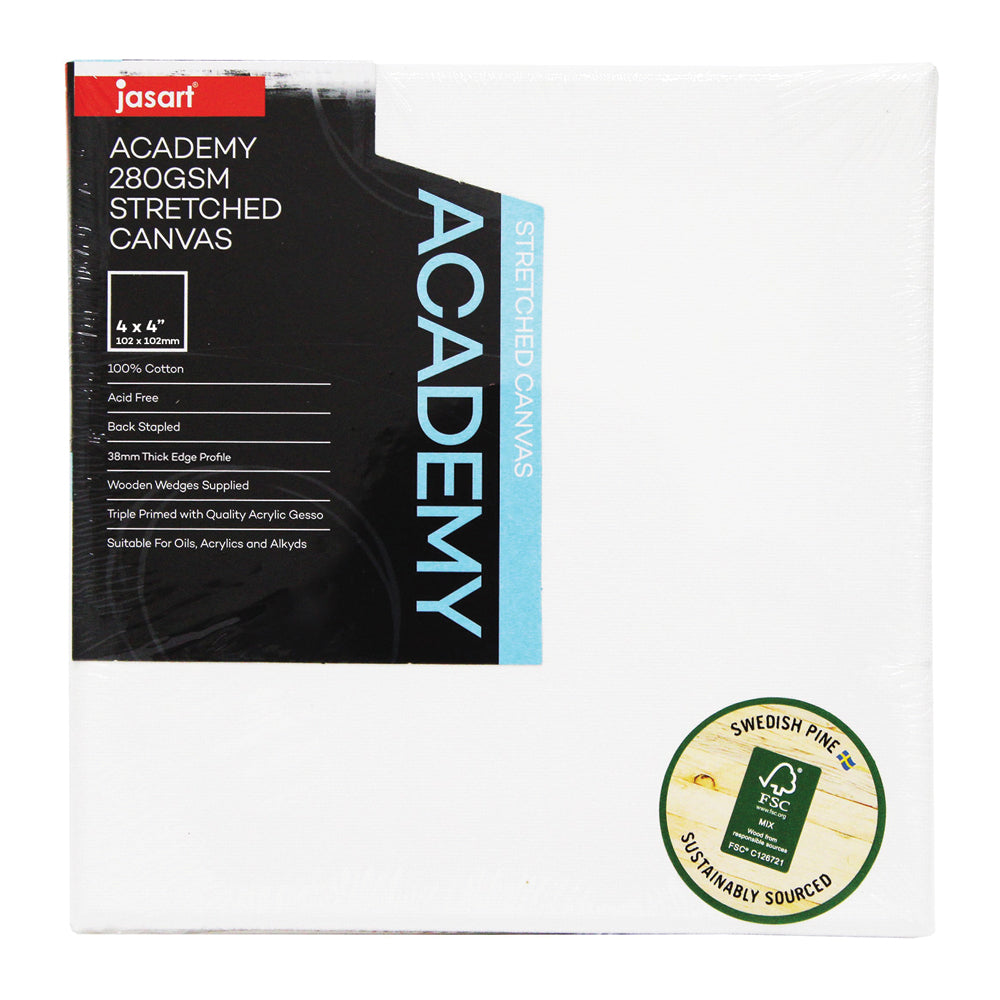 6PK Jasart Academy 4x4" Thick Edge Cotton Stretched Canvas 280GSM - White
