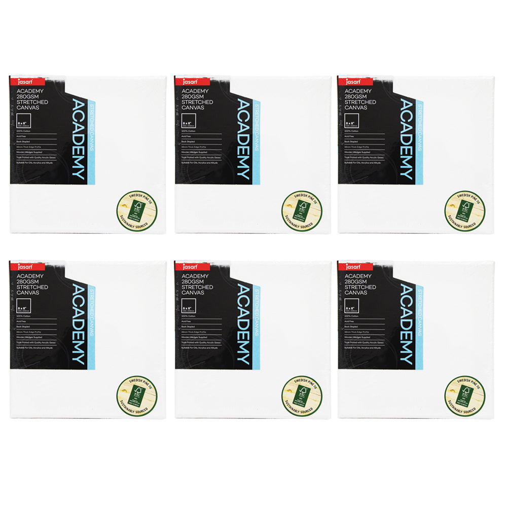 6PK Jasart Academy 8x8" Thick Edge Cotton Stretched Canvas 280GSM - White