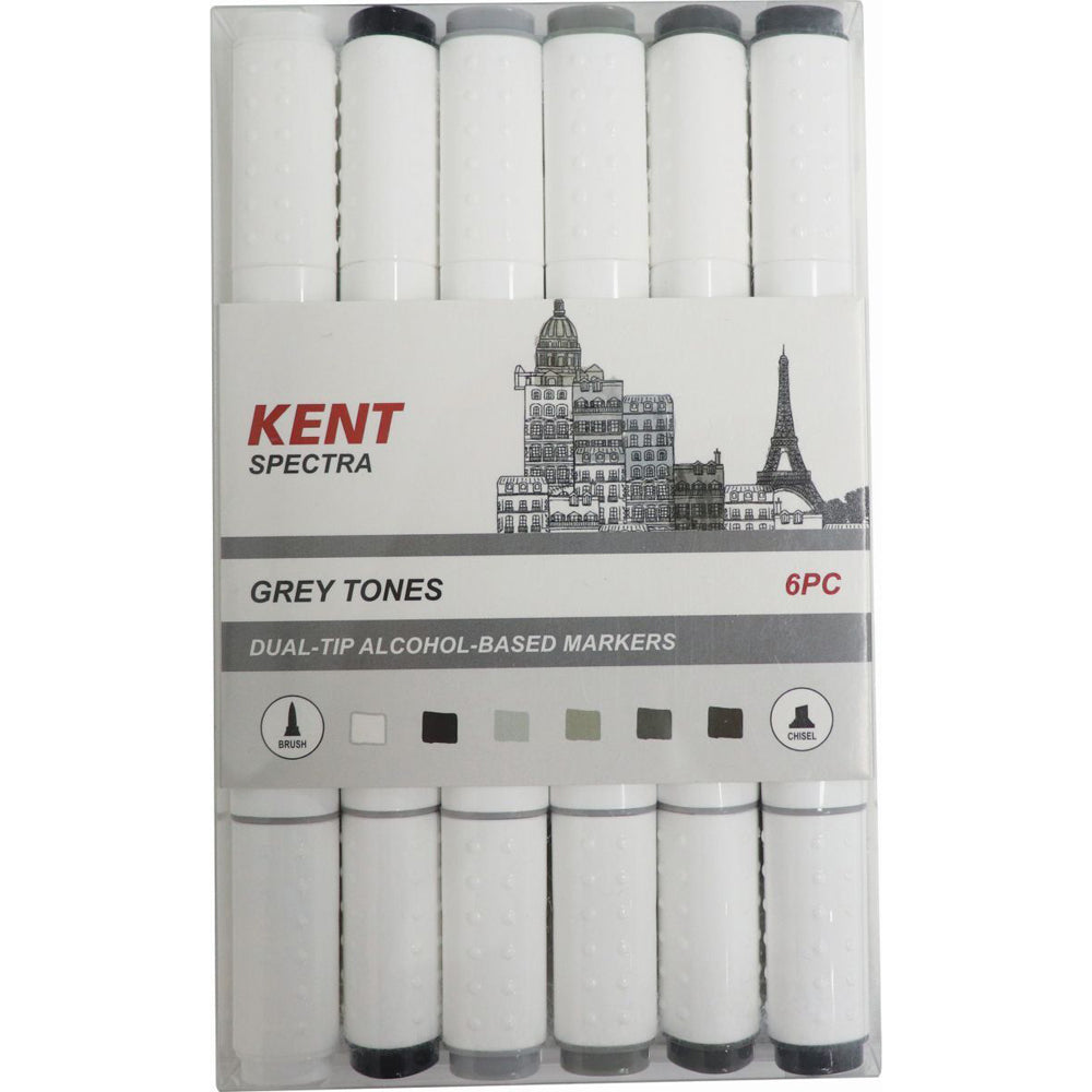 6pc Kent Spectra Graphic Markers Brush Chisel Nib Grey Tones Set