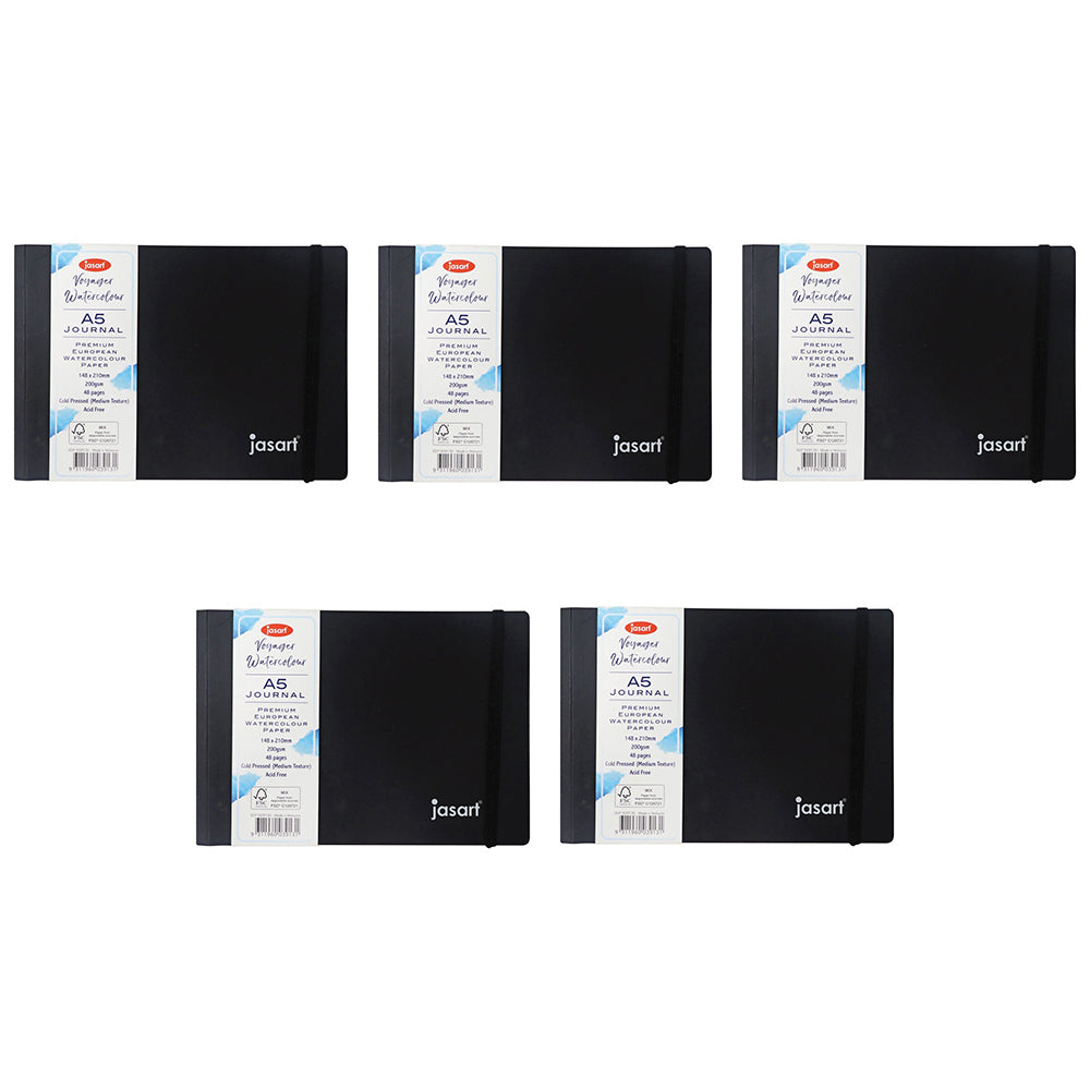 5PK Jasart Voyager A5 Watercolour Journal 200GSM w/ Elastic Band - Black