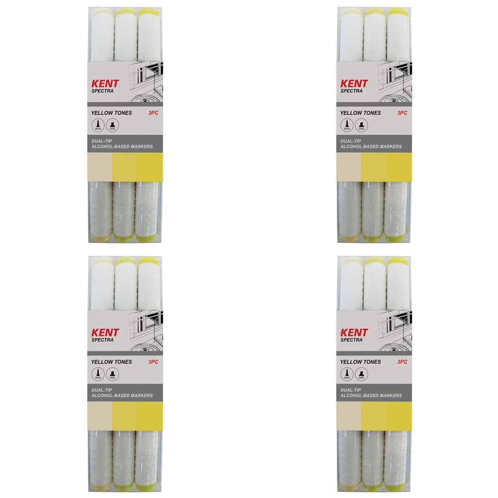 4x 3pc Kent Spectra Graphic Markers Brush Chisel Nib Yellow Set