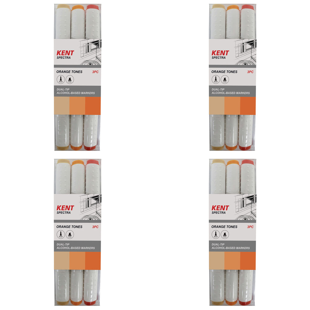 4x 3pc Kent Spectra Graphic Markers Brush Chisel Nib Orange Set