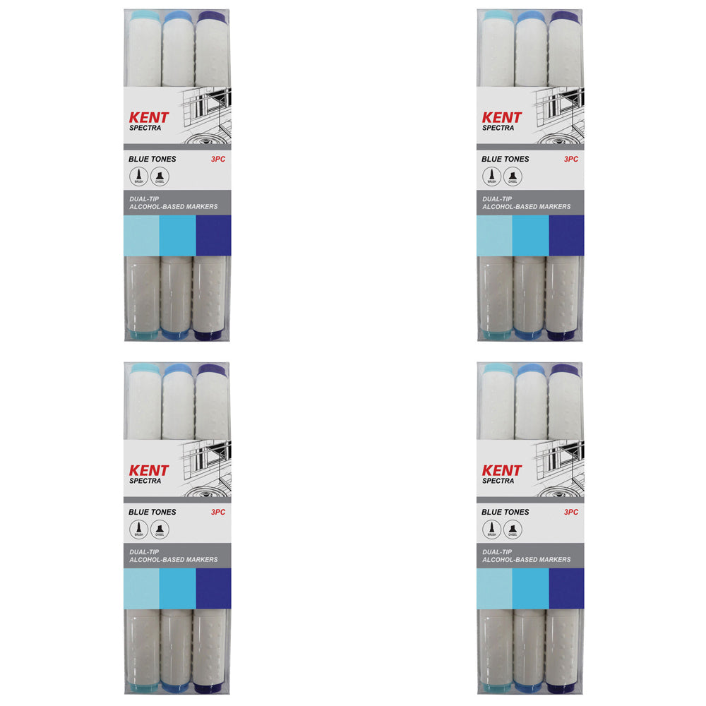 4x 3pc Kent Spectra Graphic Markers Brush Chisel Nib Blue Set