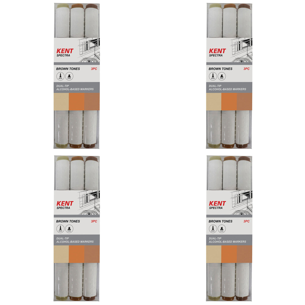 4x 3pc Kent Spectra Graphic Markers Brush Chisel Nib Brown Set