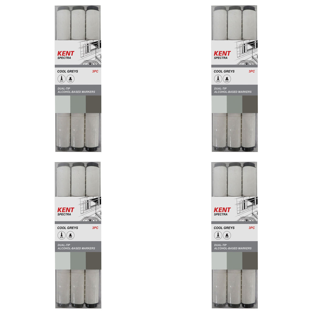 4x 3pc Kent Spectra Graphic Markers Brush Chisel Nib Cool Grey Set