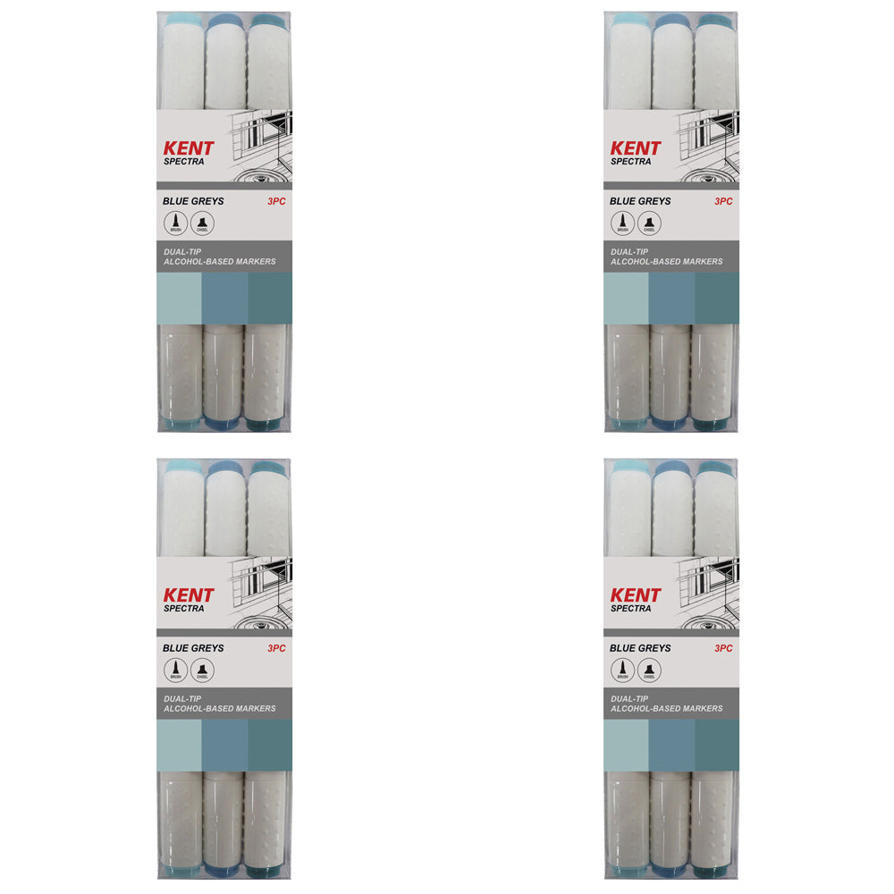 4x 3pc Kent Spectra Graphic Markers Brush Chisel Nib Blue Grey Set