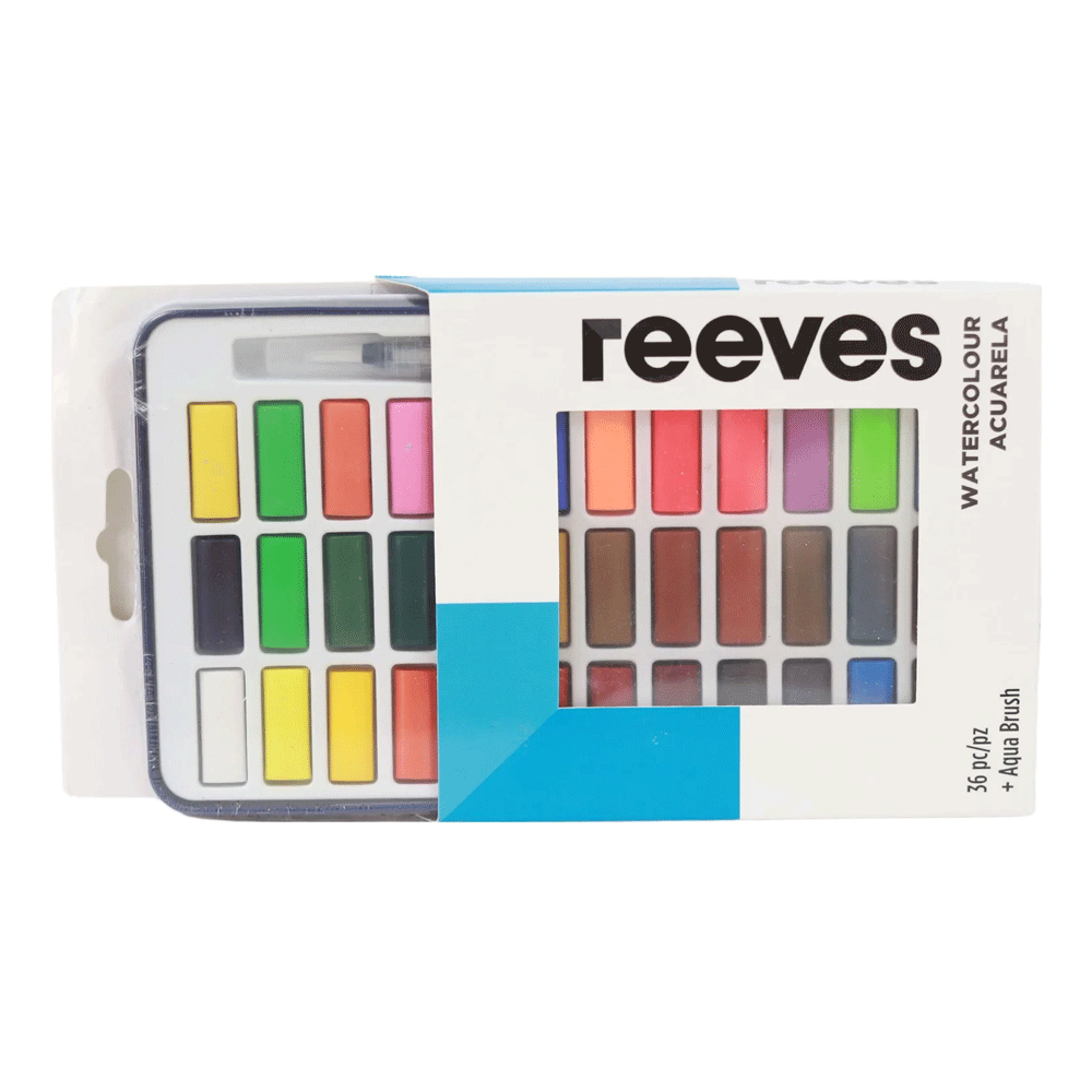 36pc Reeves Watercolour Tin Set Paints With Aqua Brushes