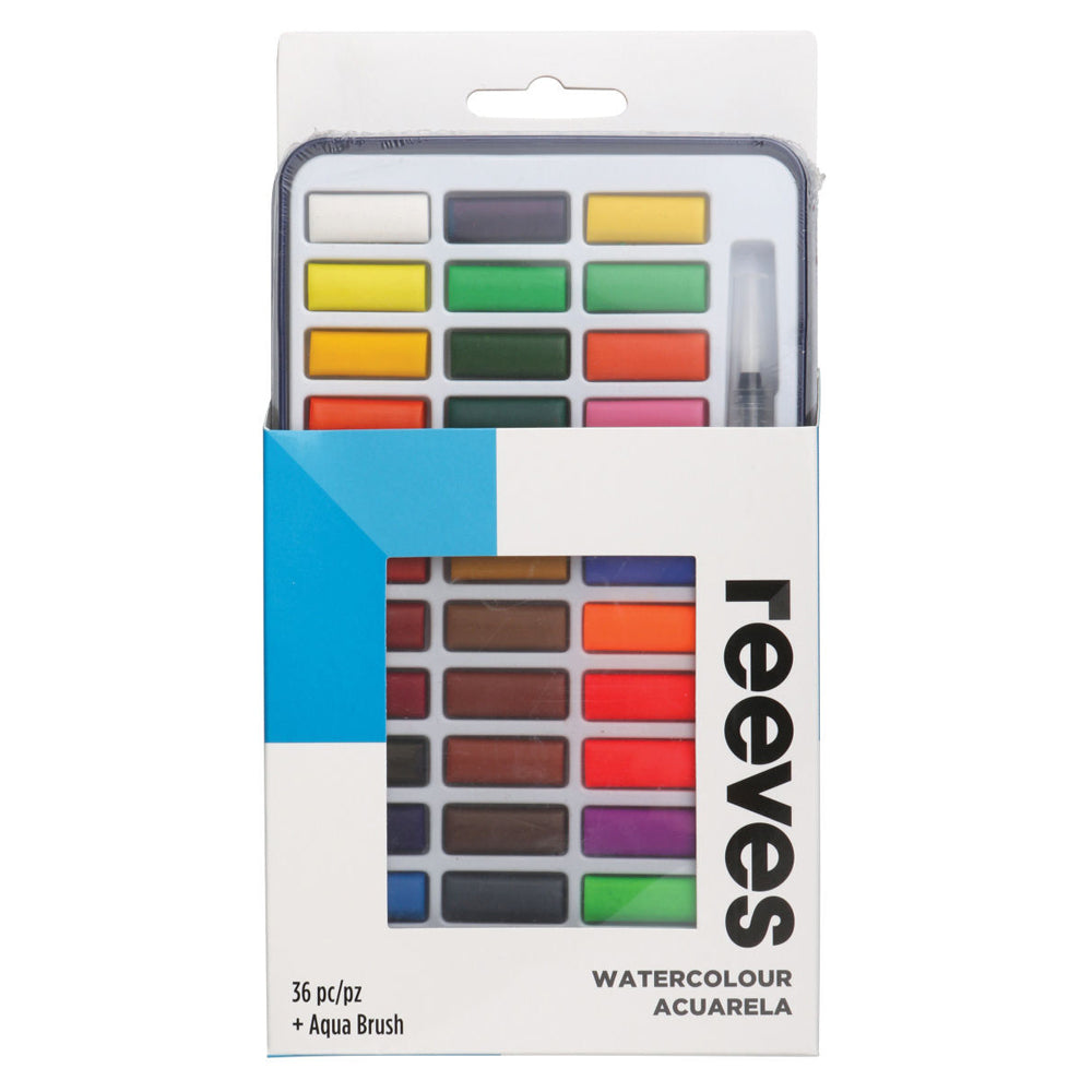 36pc Reeves Watercolour Tin Set Paints With Aqua Brushes