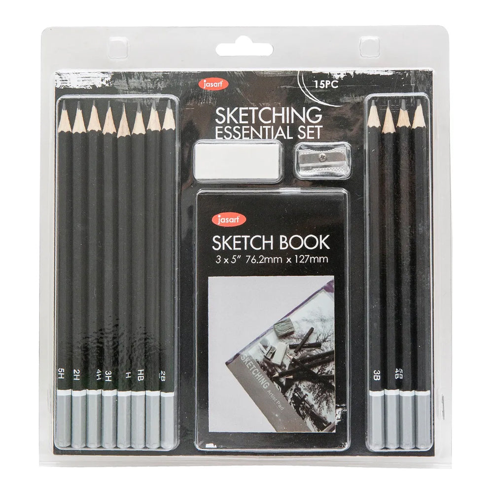 2PK 15pc Jasart Essentials Sketching Pencil Set w/ Sketchbook