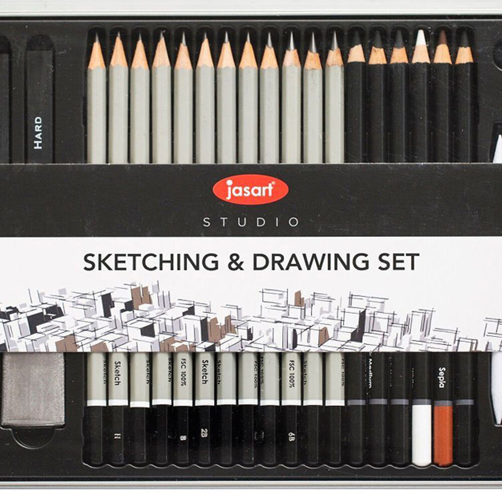 27pc Jasart Sketching/Drawing Graphite Charcoal Pencil/Eraser Set