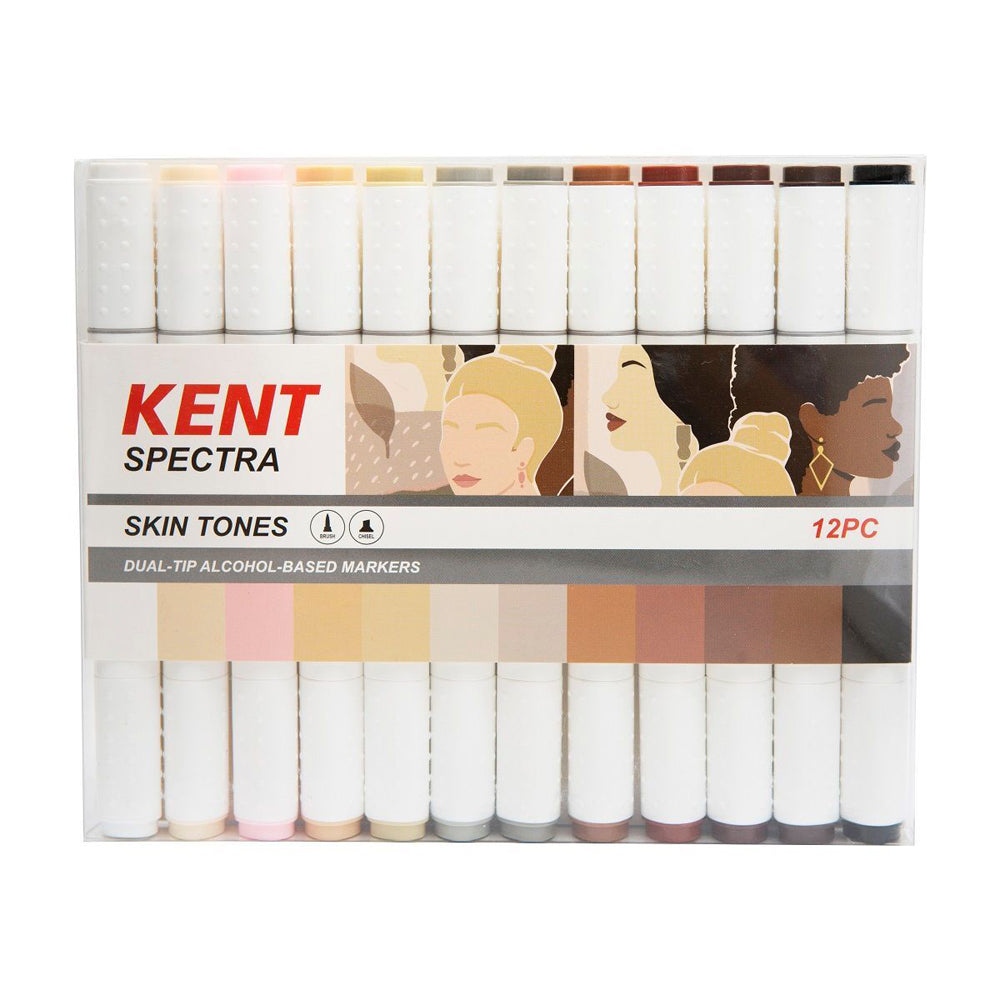 12pc Kent Spectra Graphic Markers Brush Chisel Nib Skin Tones Set