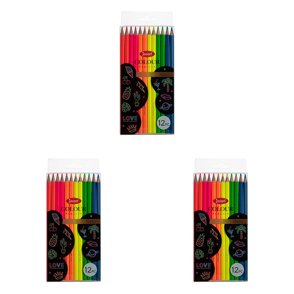 3x 12pc Jasart Studio Art/Craft Colour Pencil Set - Neon