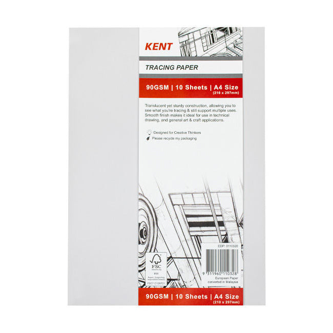 10PK Kent 10 Sheets Tracing Paper Pack A4 Drawing/Design
