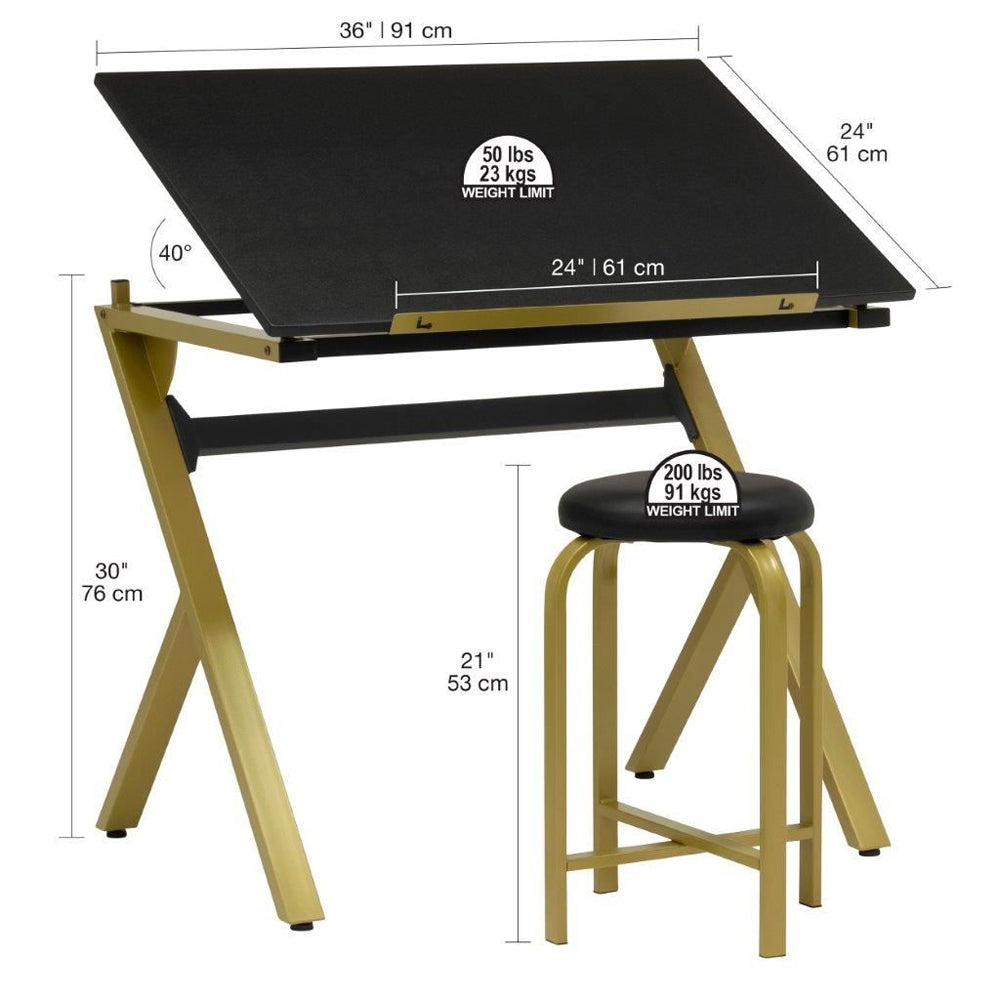 Artfusion Steel Stellar Drawing Table w/ Stool 91x60cm - Gold/Black