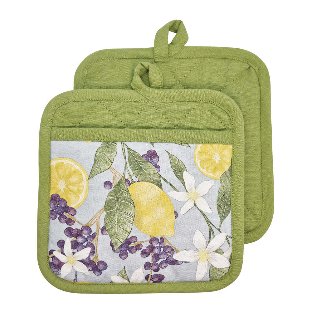 2x 2PK J.Elliot Home Lemon 21x21cm Cotton Pot Holder - Sky & Bayleaf