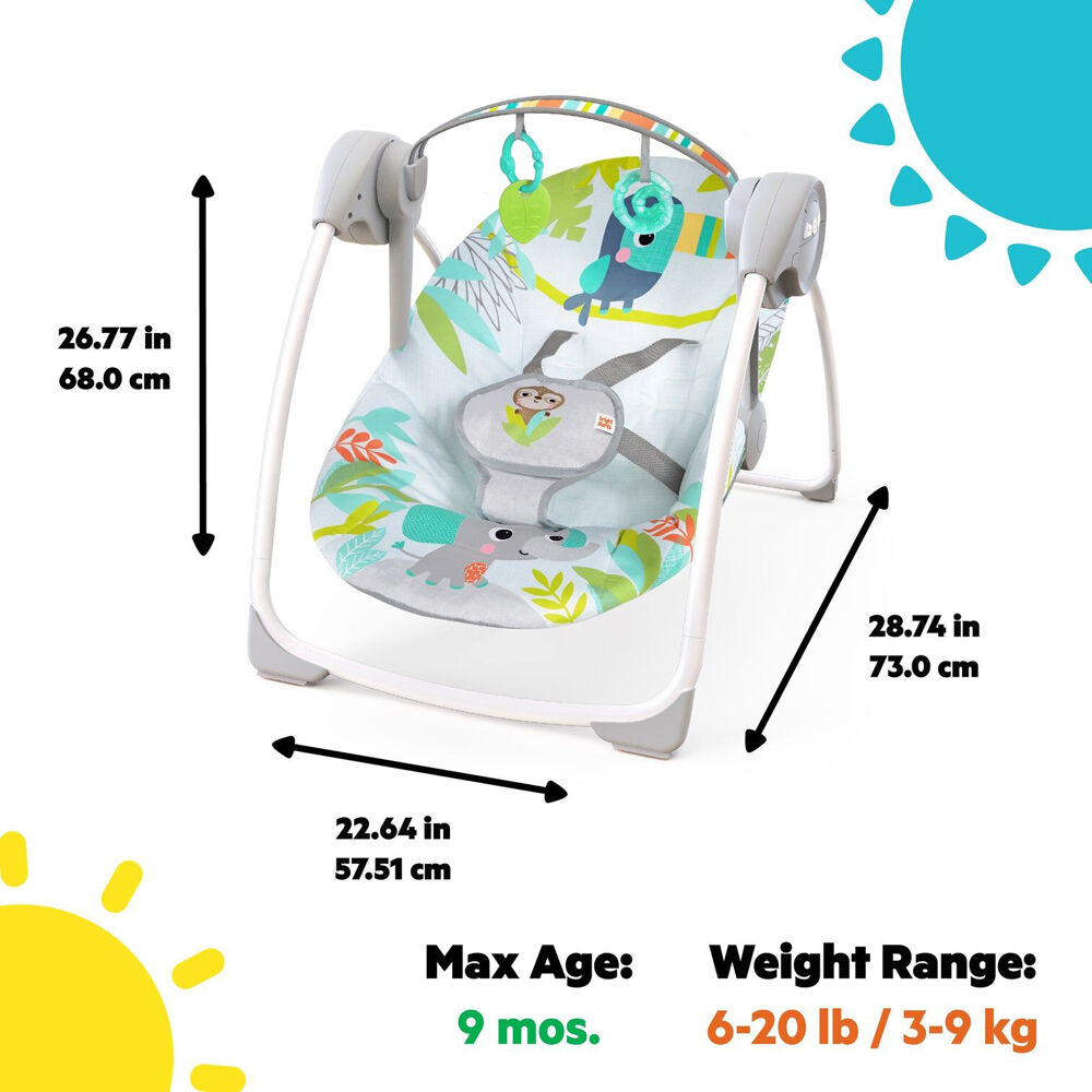 Bright Starts Rainforest Vibes Portable Baby Swing w/6 Speeds & 10 Sounds 0m+