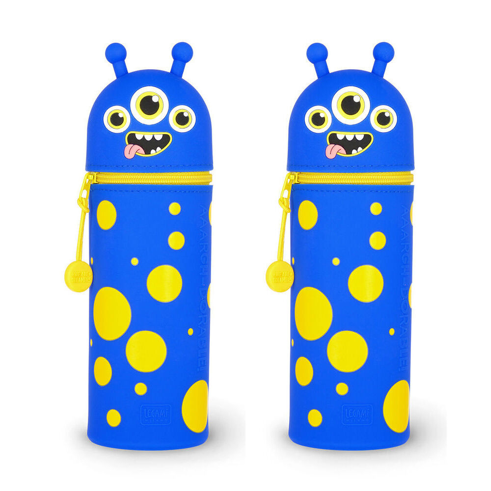 2PK Legami 2-in-1 Silicone Pencil Case Stationery Organiser Blue Kawaii Monster