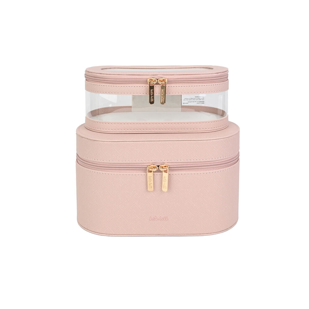 2pc Kate Hill Travelling Beauty Bag Case Set w/ Makeup Brush Holders Blush