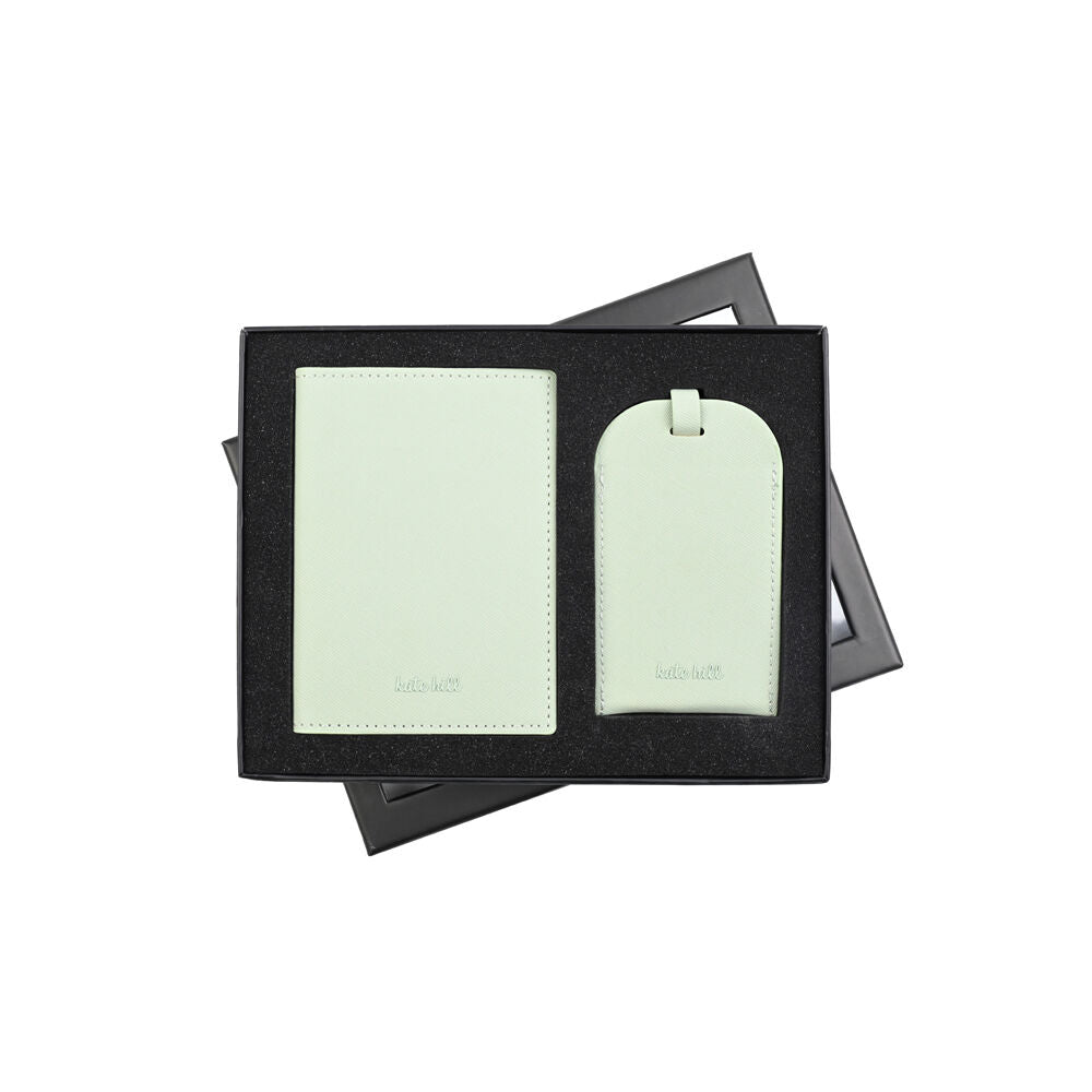 Kate Hill Passport Holder Wallet & Adjustable ID Luggage Tag Gift Set Pistachio