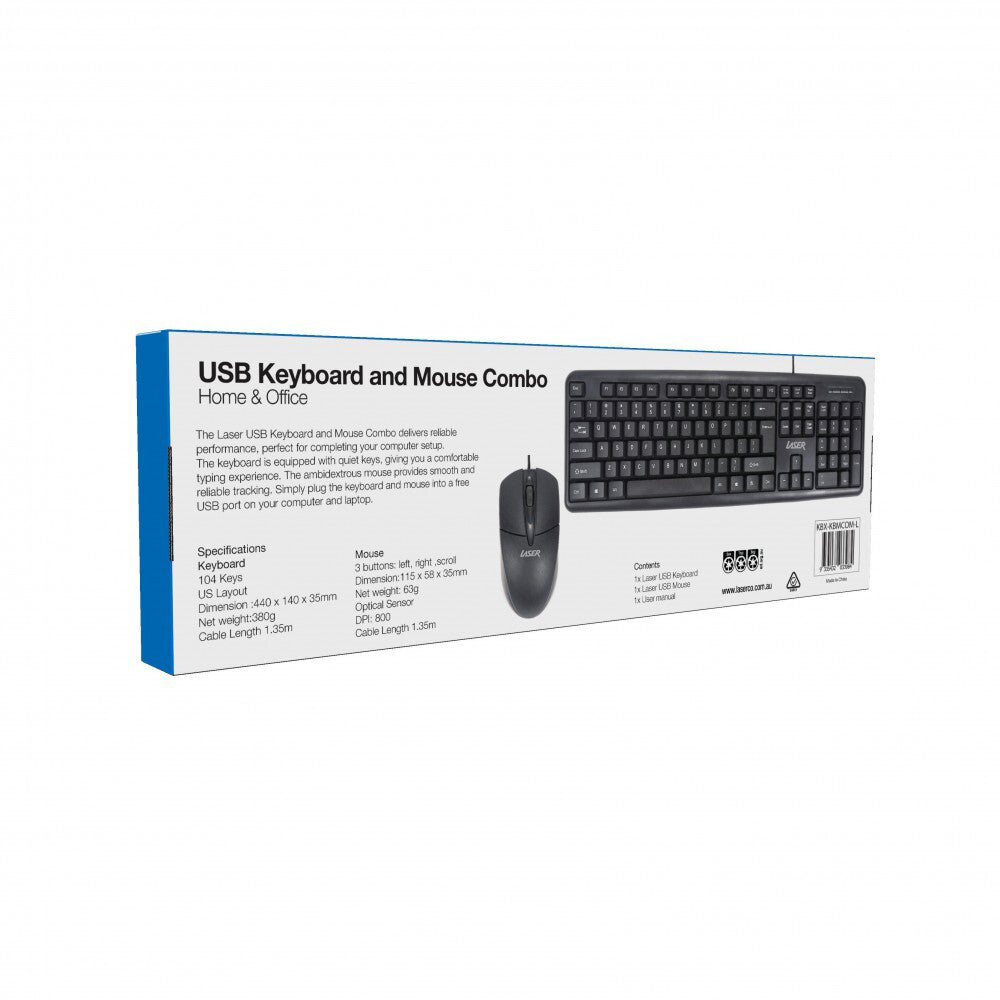2pc Laser Wired USB-A Office Keyboard & Mouse Combo For PC - Black
