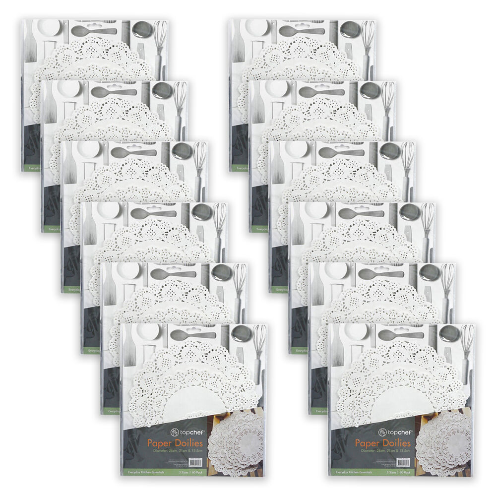 12x 60pc Topchef Multi-Size Round Paper Lace Doilies Pack White Assorted