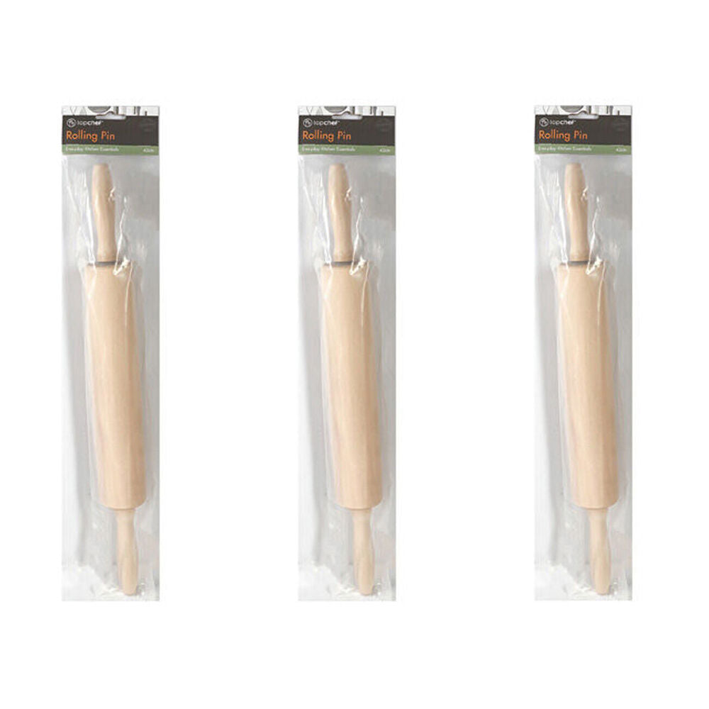 3PK Topchef Wooden Baking Rolling Pin Kitchen Utensil 42cm Natural