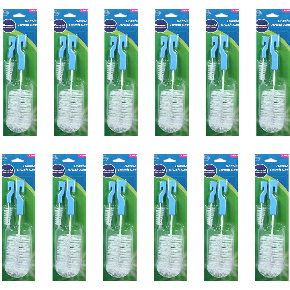 12x 2pc Kemasi Bottle and Straw Cleaning Round Brush Set Blue & White