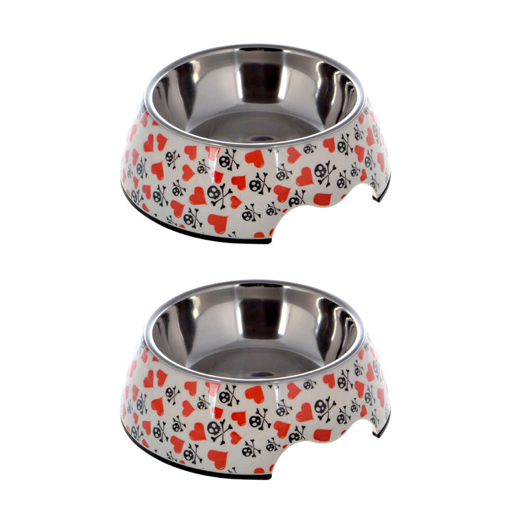 2PK Lepets Mellamine Pet Bowl Skull & Heart Dog/Puppy Feeding Food/Water Dish Large
