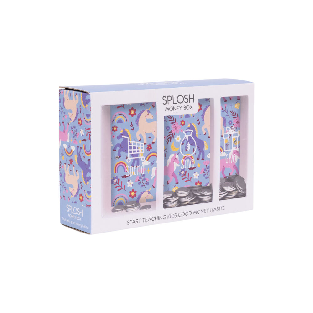 Splosh Kids Unicorn Spend Save Give Money Box Piggy Bank 20.5cm Rectangle