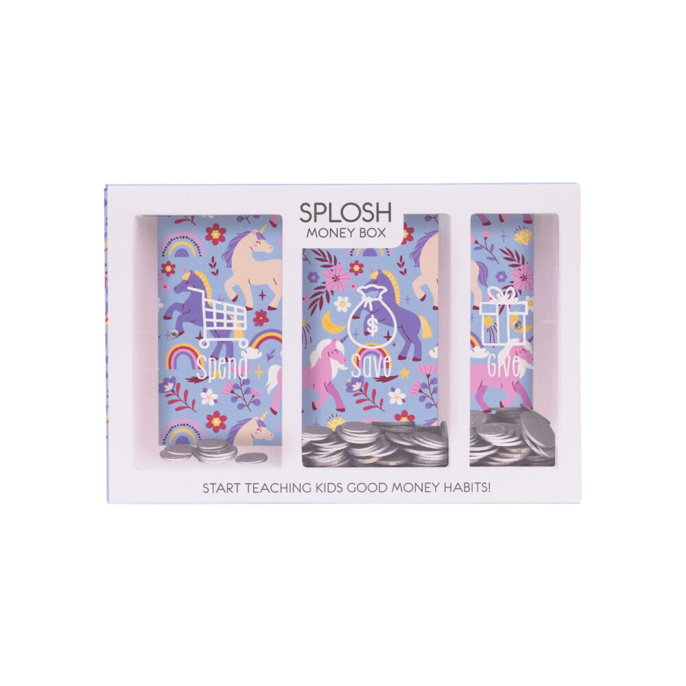 Splosh Kids Unicorn Spend Save Give Money Box Piggy Bank 20.5cm Rectangle