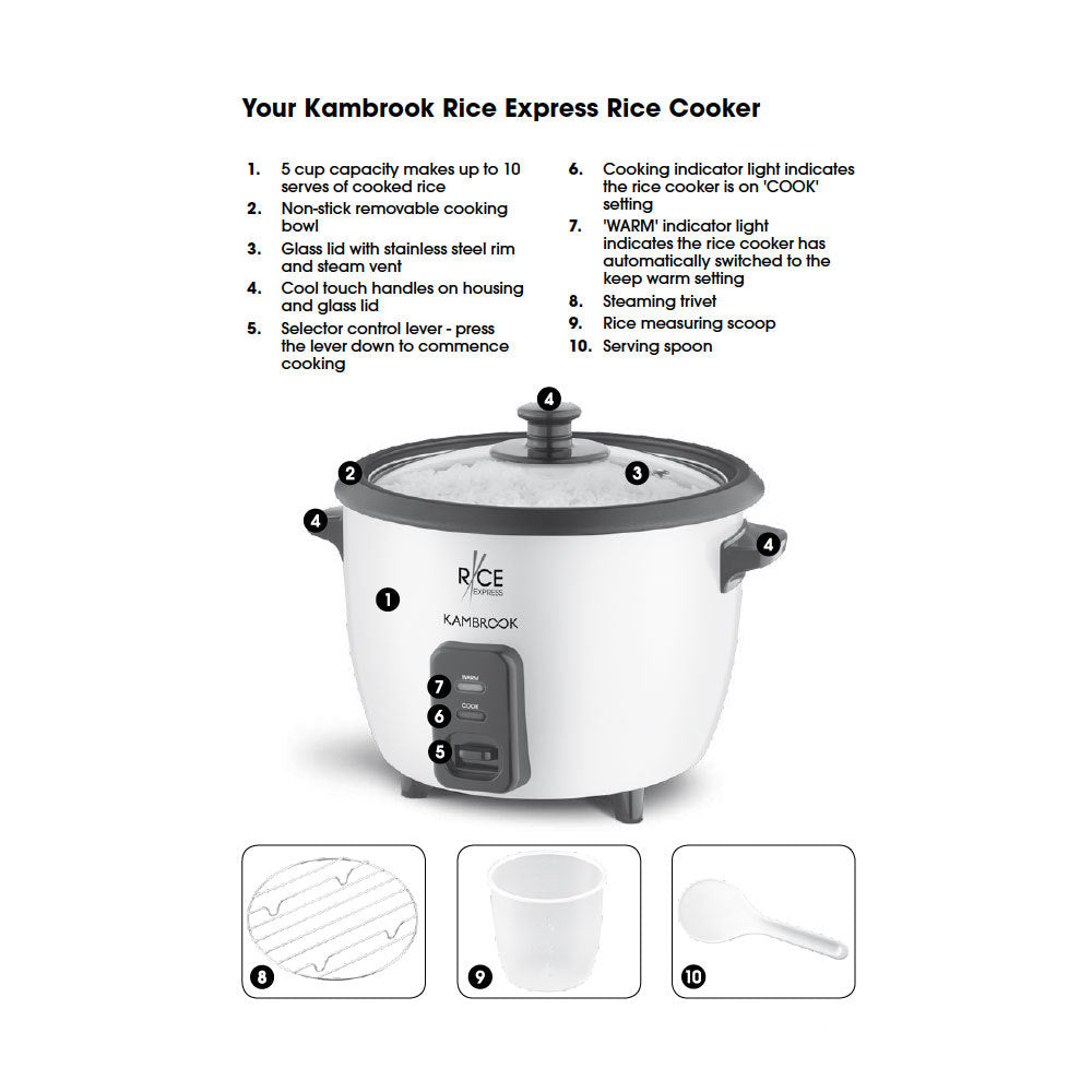 Kambrook Non-Stick Rice Express 5 Cup Rice Cooker w/ Spoon/Cup/Trivet/Glass lid