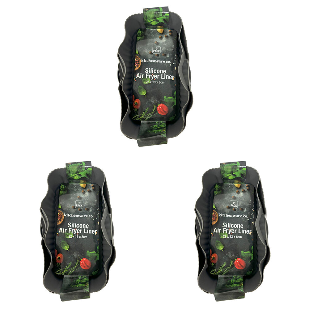 3x 2pc Kitchenware Co Silicone Rectangle Air Fryer Liner 22x13x8cm Grey