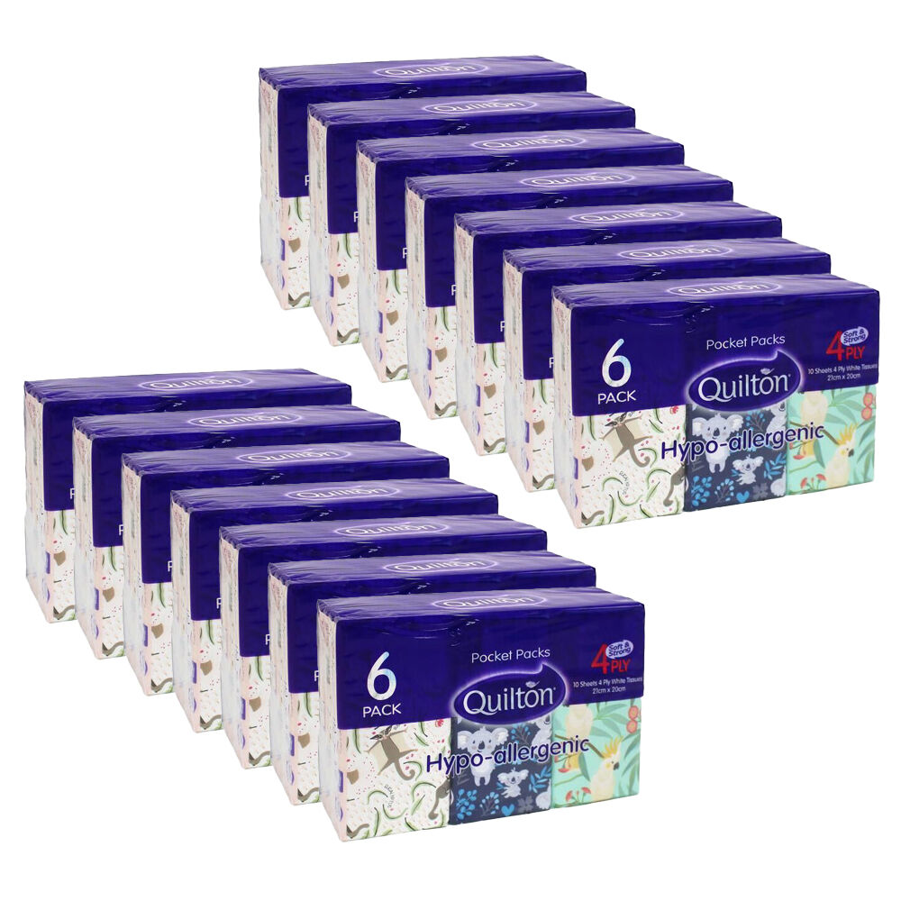 14x 6x 10pc Quilton Pocket Packs Paper Tissue 4-Ply White 21x20cm