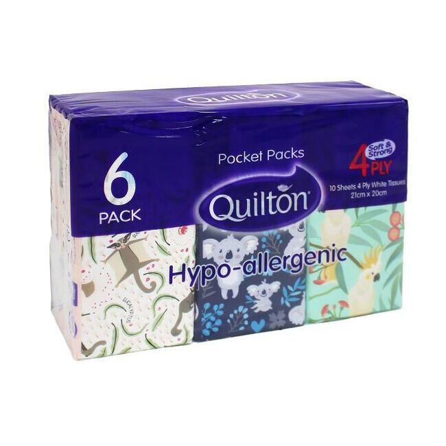 14x 6x 10pc Quilton Pocket Packs Paper Tissue 4-Ply White 21x20cm