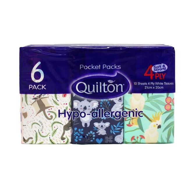14x 6x 10pc Quilton Pocket Packs Paper Tissue 4-Ply White 21x20cm