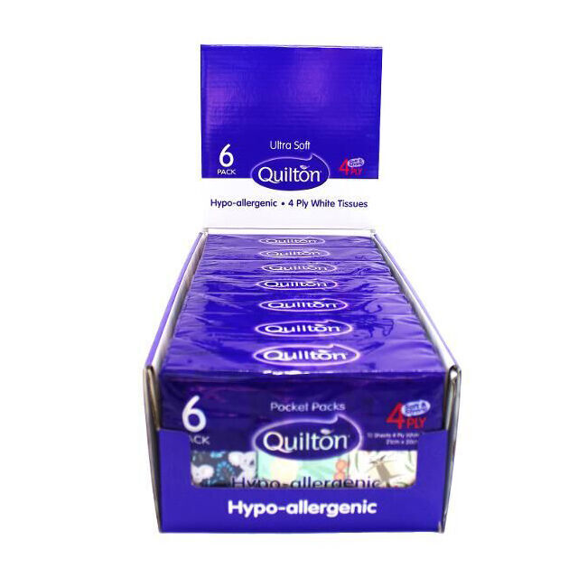 14x 6x 10pc Quilton Pocket Packs Paper Tissue 4-Ply White 21x20cm