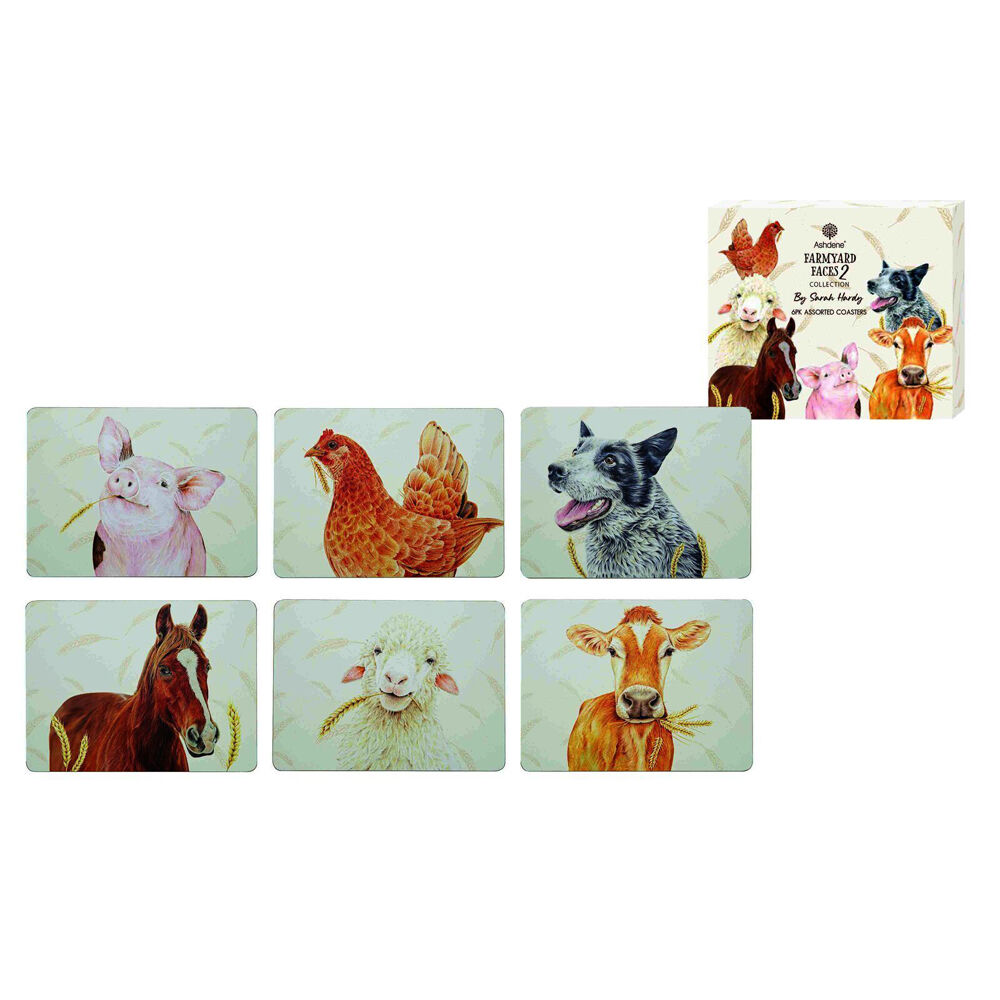 6pc Ashdene Farmyard Faces 2 Cup Mug Drinking Mat Coaster 11x9.7cm