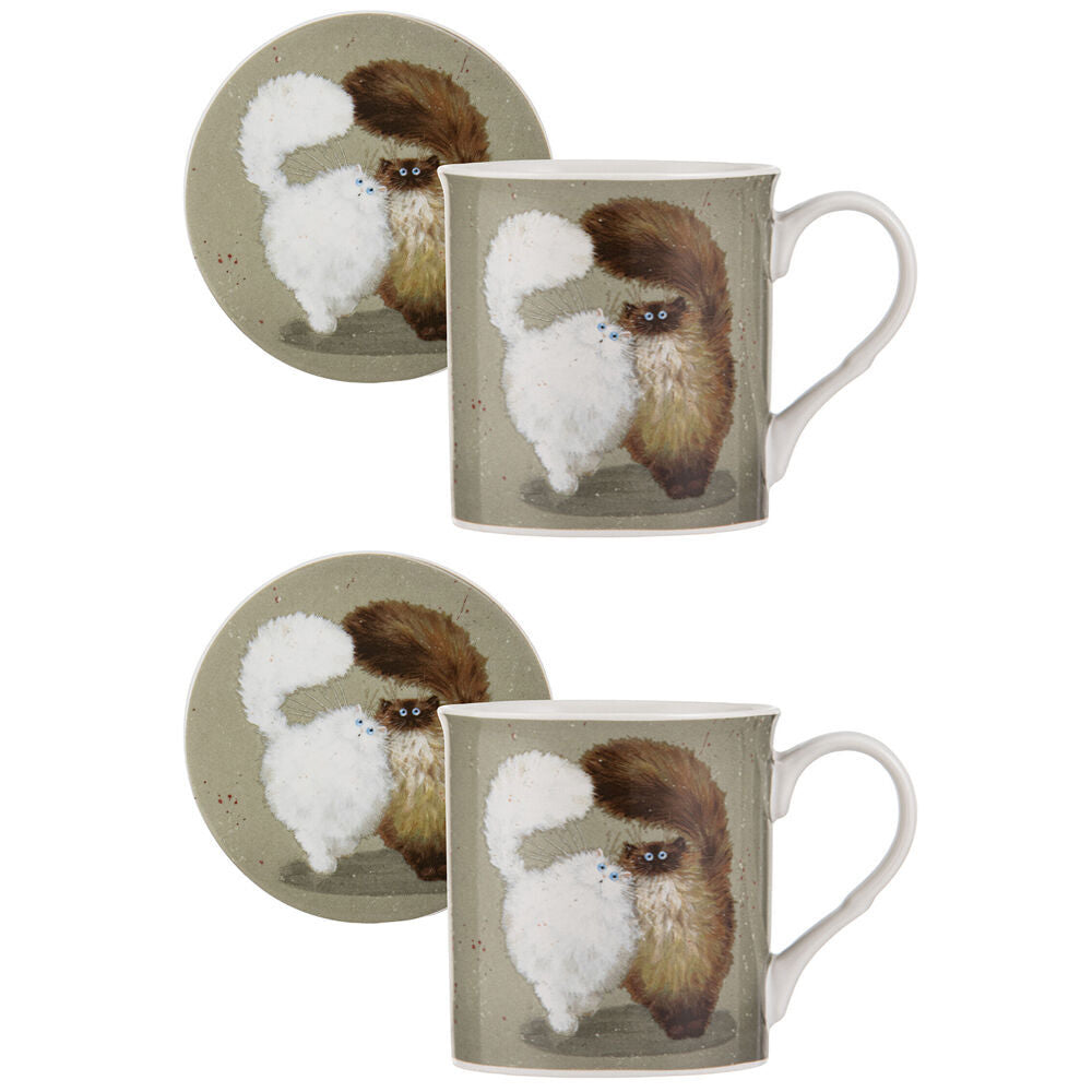 2x Ashdene Kim's Cats Double Puff New Bone China Mug & Coaster Set 330ml Green