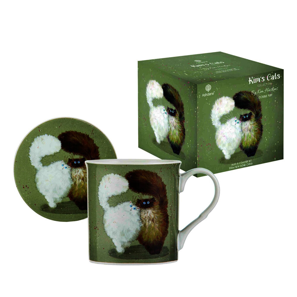 2x Ashdene Kim's Cats Double Puff New Bone China Mug & Coaster Set 330ml Green