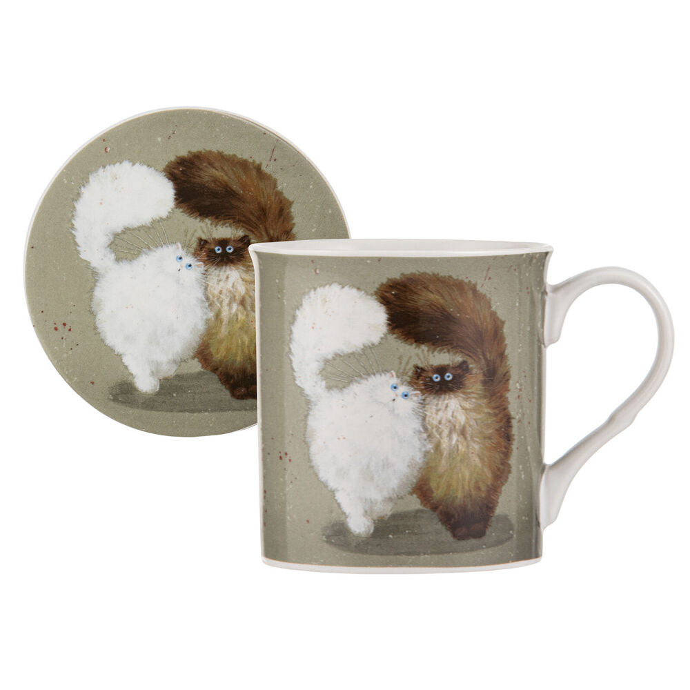 2x Ashdene Kim's Cats Double Puff New Bone China Mug & Coaster Set 330ml Green