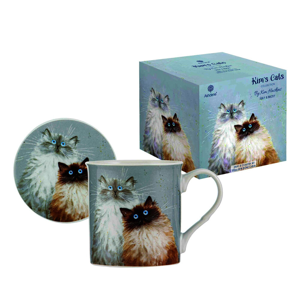 4PK Ashdene Kim's Cats Sully & Bucky New Bone China Mug Coaster Set 330ml Blue