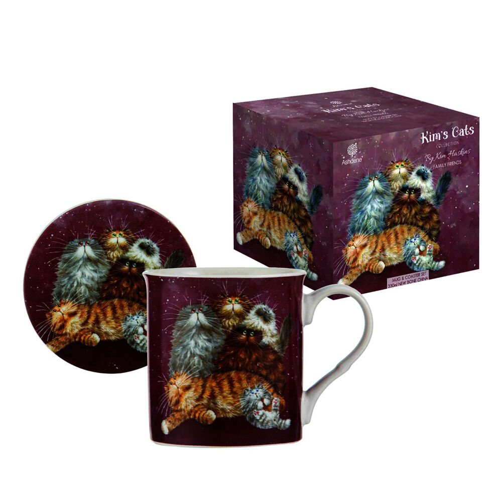 2pc Ashdene Kim's Cats Friends Family Bone China Mug Coaster Set 330ml Red