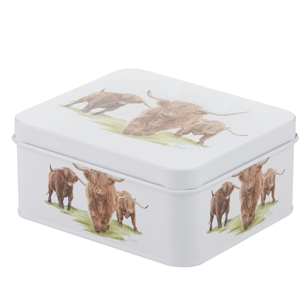 2PK Ashdene Highland Herd Steel Storage Decor Biscuit Tin White 18.8x16.3cm
