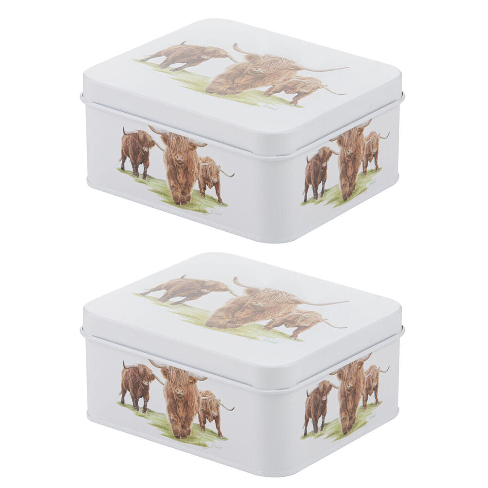 2PK Ashdene Highland Herd Steel Storage Decor Biscuit Tin White 18.8x16.3cm