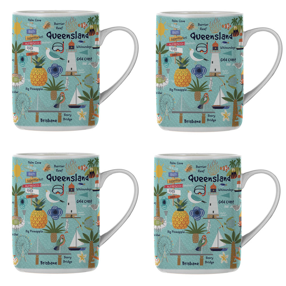 4PK Ashdene Land Down Under Qld Bone China Drinking Mug Blue 370ml