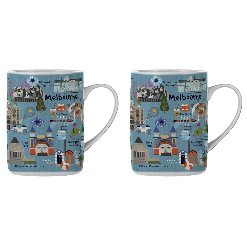 2PK Ashdene Land Down Under Melbourne Bone China Drinking Mug Blue 370ml