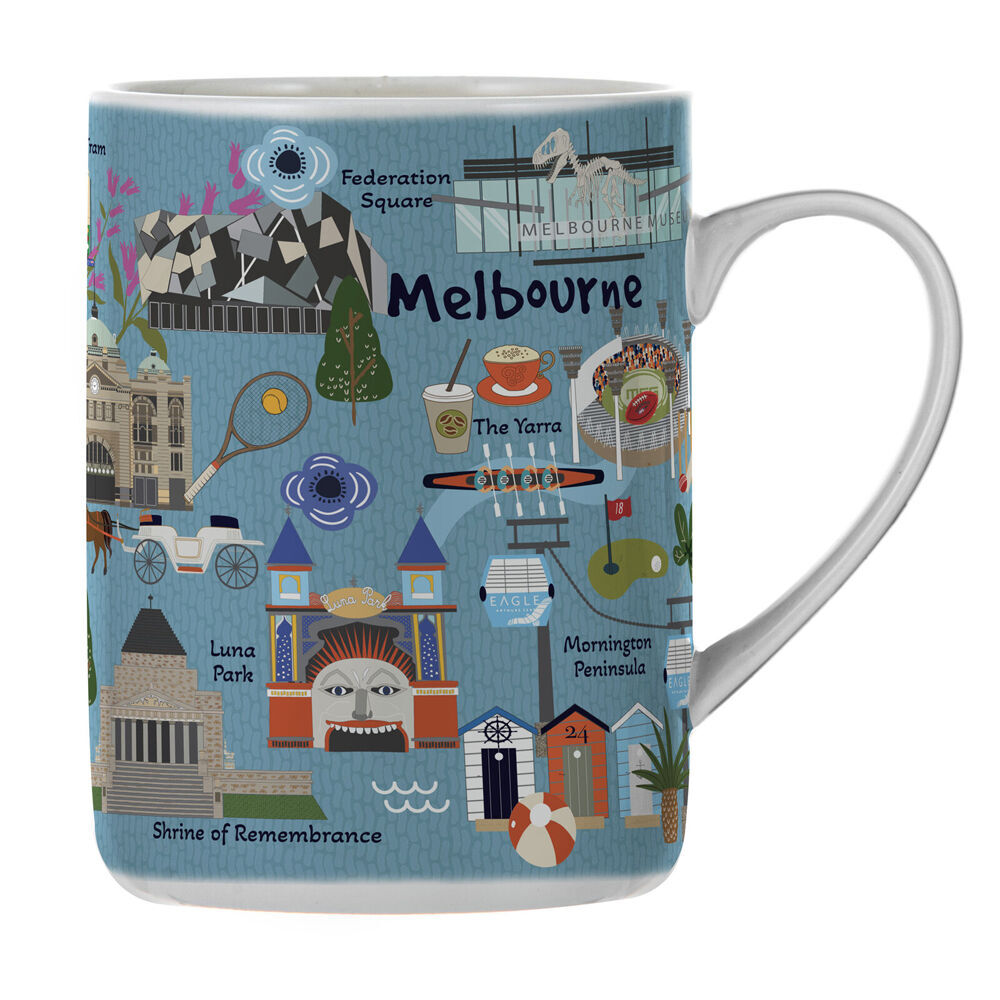 4PK Ashdene Land Down Under Melbourne Bone China Drinking Mug Blue 370ml