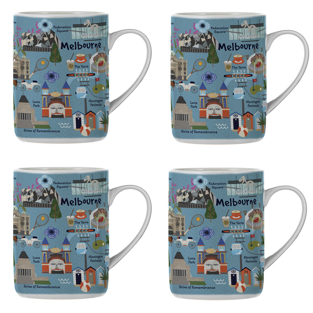 4PK Ashdene Land Down Under Melbourne Bone China Drinking Mug Blue 370ml